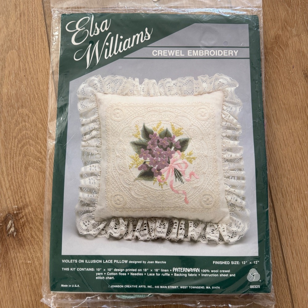 Elsa Williams Crewel Embroidery Kit Violets on Illusion Lace Pillow 00325 Vtg